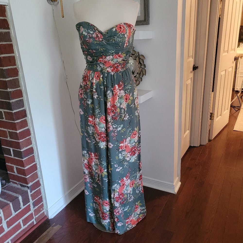 Band of Gypsies Strapless Floral Jumpsuit in Green and Pink